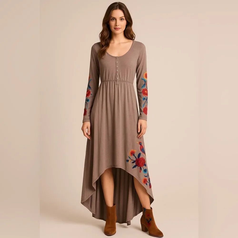 Johnny Was Taupe Long Sleeve High Low Dress with Floral Embroidery NWOT